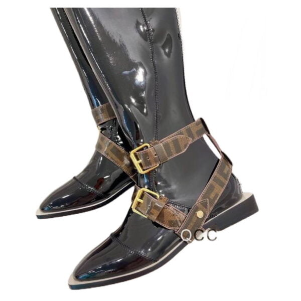 Ladies Fendi Black Patent Leather Buckle Knee-high Boot With Buckles