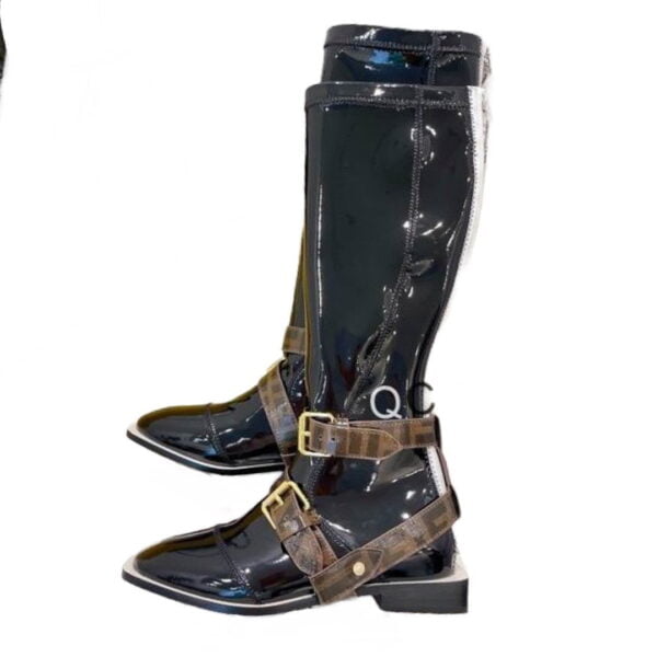 Ladies Fendi Black Patent Leather Buckle Knee-high Boot With Buckles