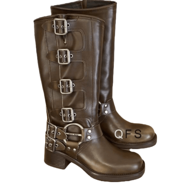 Ladies Miu Miu Brown Decorative-strap Rounded Toe Boot