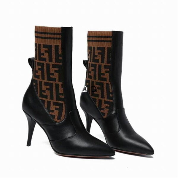 Ladies Fendi Black Brown Leather Fabric Pointed Toe Ankle Boot