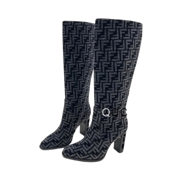 Ladies Fendi Grey Blue High-heeled FF Chenille Boot