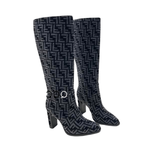 Ladies Fendi Grey Blue High-heeled FF Chenille Boot