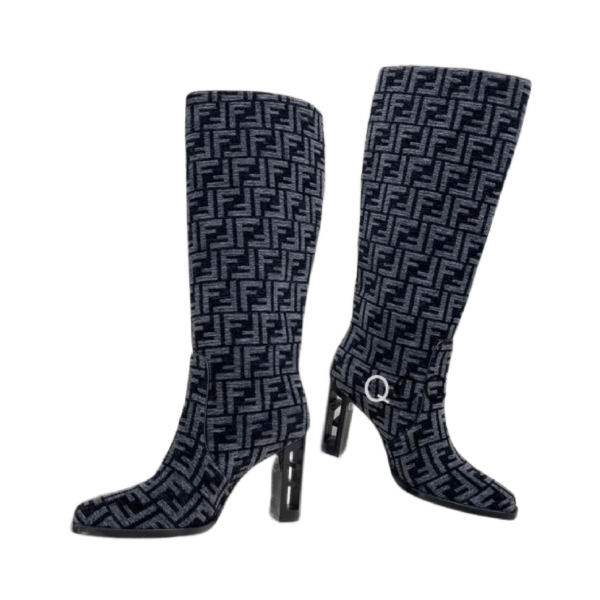 Ladies Fendi Grey Blue High-heeled FF Chenille Boot