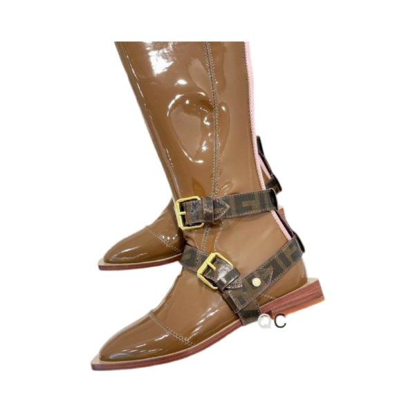 Ladies Fendi Brown Patent Leather Buckle Knee-high Boot