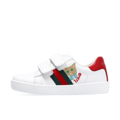 Kid's Gucci White-red Ace Cat-embroidered Leather Shoe With Straps (Unisex)