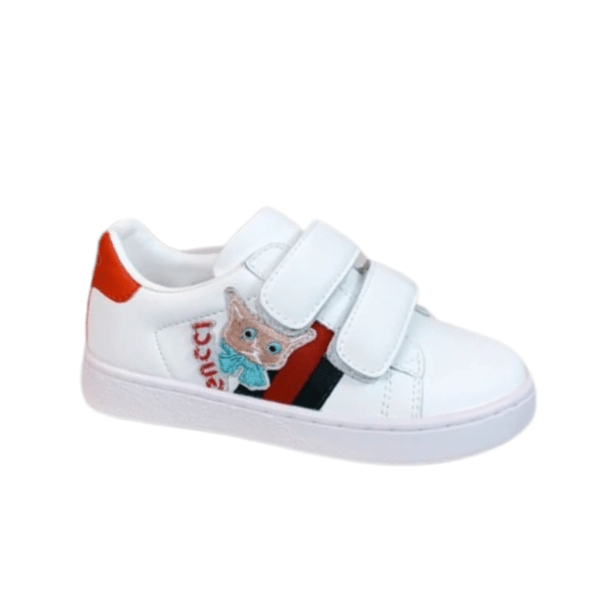 Kid's Gucci White-red Ace Cat-embroidered Leather Shoe With Straps (Unisex)