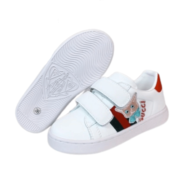 Kid's Gucci White-red Ace Cat-embroidered Leather Shoe With Straps (Unisex)