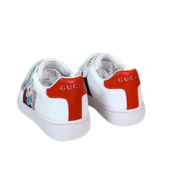 Kid's Gucci White-red Ace Cat-embroidered Leather Shoe With Straps (Unisex)