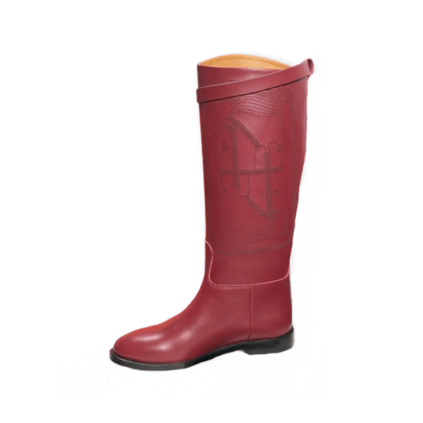 Ladies Hermes Red Leather Embroider Buckle Flat knee- high Jumping Boot