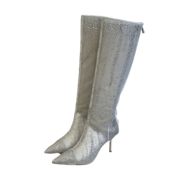 Ladies Jimmy Choo Silver Grey Mix Suede Knee-high Boots with Honeybomb Crystals