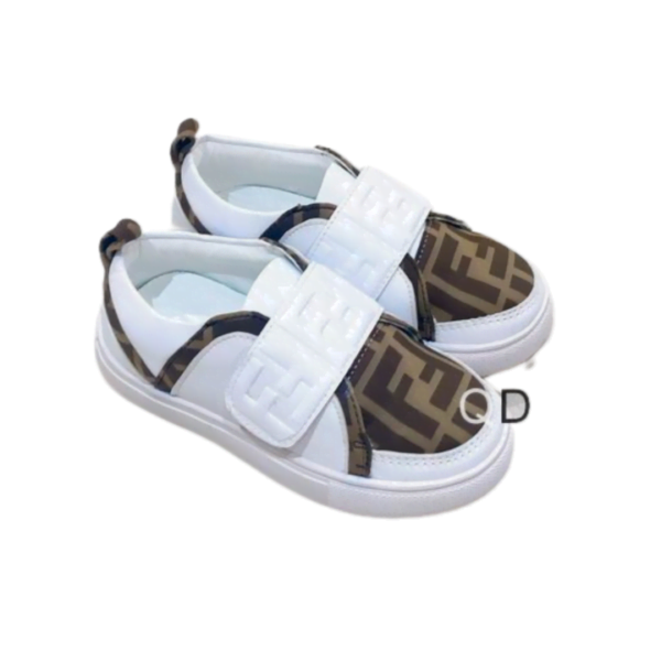 Kid's Fendi White Brown FF Logo Leather Shoe (unisex)