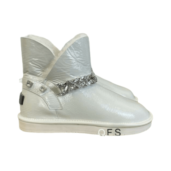 Ladies UGG Silver White Patent Leather With Chain Flat Bootie