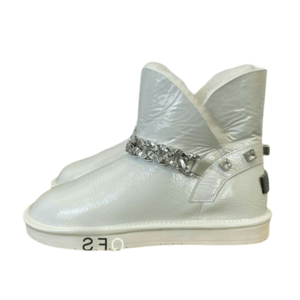 Ladies UGG Silver White Patent Leather With Chain Flat Bootie