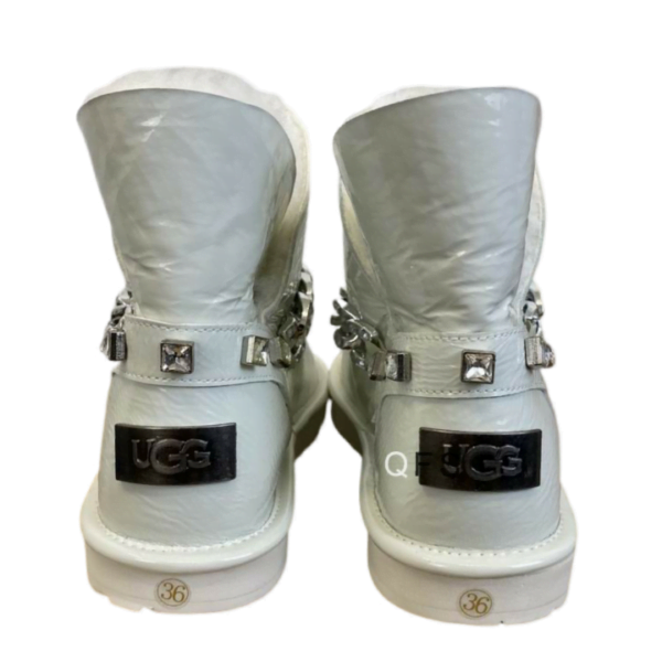 Ladies UGG Silver White Patent Leather With Chain Flat Bootie