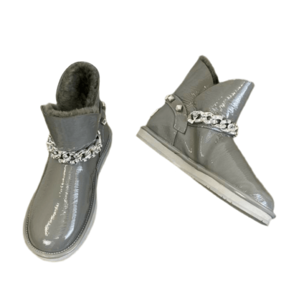 Ladies UGG Grey Patent Leather With Chain Flat Bootie