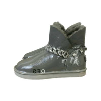 Ladies UGG Grey Patent Leather With Chain Flat Bootie