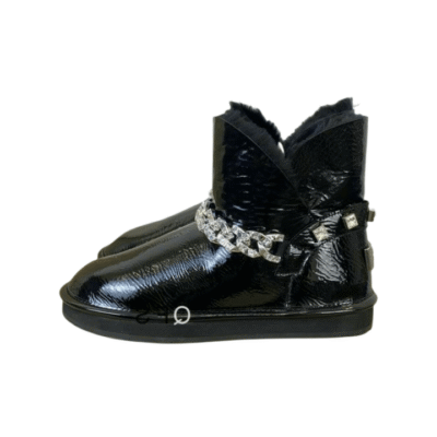 Ladies UGG Black Patent Leather With Chain Flat Bootie