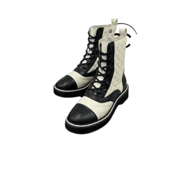 Ladies Chanel Black Apricot White Leather Ankle Boot