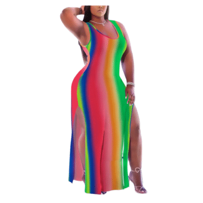 Ladies Rainbow Navy Multicolor Dye Split Casual Long Dress FM00407