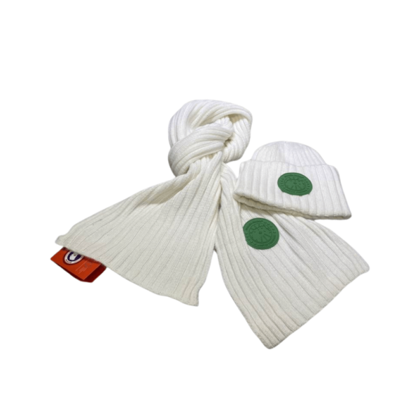 Canada Goose Signature Green Logo 2-Piece Luxury Winter Set: White Hat & Scarf Ensemble