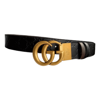 Gucci Vintage Double G Monogram Belt Black Gold With Buckle 8L02