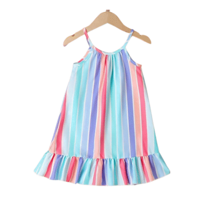 Girl's Rainbow Navy Multicolor Striped Sleeveless Dress CR11037
