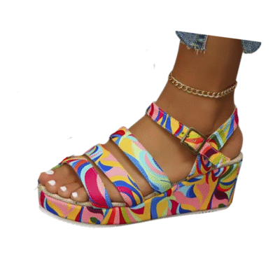 Ladies Rainbow Navy Multicolor Wedge Comfy Ankle Strap Sandal CW69803