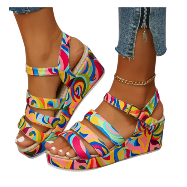 Ladies Rainbow Navy Multicolor Wedge Comfy Ankle Strap Sandal CW69803 - Image 5