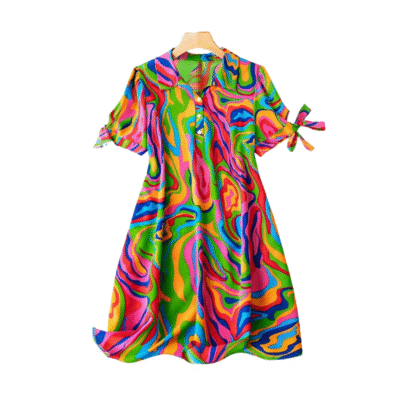 Ladies Rainbow Navy Multicolor V-Neck Short Sleeves Curvy Dress HD104627