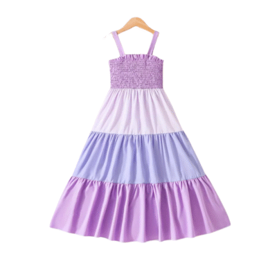 Girl's Rainbow Navy Multicolor Spliced Swing Casual Adjustable Strap Dress JR118254