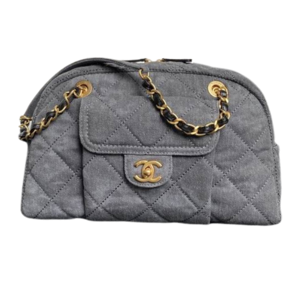 Chanel Maxi Bowling Light Grey Washed Denim Antique Gold Hardware Handbag AS4905 - Image 2